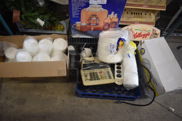 ALL ONE MONEY! 2 Tier Lot including Advanced Brewing System Box, Kellogg Dispenser, Christmas Decorations, Lids, Disposable Utensils, Calculator and MORE! - Image 2 of 3