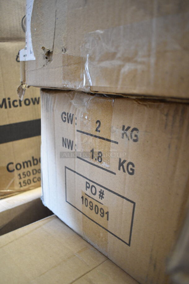 PALLET LOT of 31 BRAND NEW Boxes Including 2 Box PP883-BK Ecopax Hinge Containers, 2 Box 50010W Choice 10 oz. White Poly Paper Hot Cup - 1000/Case, 129MCR50B Choice 43 oz. Black Round Microwavable Heavy Weight Container with Lid 9" - 150/Case, 500CC20HD 20 oz. Plastic Cold Cup - 600/Case, 2 Box 129MCS28B Choice 28 oz. Black Rectangular Microwavable Heavy Weight Container with Lid 8 3/4" x 6 1/4" x 1 3/4" - 150/Case, 128HD8COMBO ChoiceHD 8 oz. Microwavable Translucent Plastic Deli Container and Lid Combo Pack - 240/Case, 164CUSHMCMVN Lancaster Table & Seating Vintage Wood Seat for Mid-Century Chairs and Barstools, 2 Box Tablecraft 8032A PourMaster Complete 1 Qt. White Pour Bottle Kit with Assorted Color Spouts and Caps - 12/Pack, Choice 24" White Disposable Polypropylene Bouffant Cap - 100/Pack, 50020W Choice 20 oz. White Poly Paper Hot Cup - 600/Case, 600SOS1236 Regency Stainless Steel Single Deck Overshelf - 12" x 36" x 19 1/4", 5 Box 4331824PEA Choice 18" x 24" Pink / Peach Butcher Paper Sheets - 1000/Case, 12" Corrugated White Circles, 3698239413 Frymaster 8239413 20 3/8" x 28" Stainless Steel Fryer Cover for MJ1CF and MJCF Series, 795PTOBK8 Choice Black Microwavable Folded Paper #8 Take-Out Container 6" x 4 3/4" x 2 1/2" - 300/Case, 303BWREB16 Acopa 16 oz. Bright White Wide Rim Rolled Edge Rim Stoneware Soup and Pasta Bowl - 12/Case, 795PTOKFT3 Choice Kraft Microwavable Folded Paper #3 Take-Out Container 7 3/4" x 5 1/2" x 2 1/2" - 200/Case, 502404816CL Lavex 40-45 Gallon 16 Micron 40" x 48" High Density Janitorial Can Liner / Trash Bag - 250/Case. 31 Times Your Bid!  - Image 6 of 12
