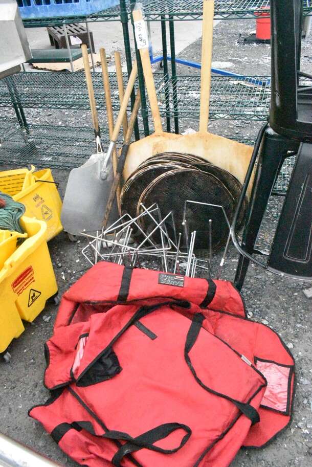 ALL ONE MONEY! Lot of Various Items Including 5 Pizza Peels, 33 Metal Pizza Screen, 9 Pizza Pie Stands, Rubbermaid Pro Serve Catering Carrying Bags.  - Image 1 of 10