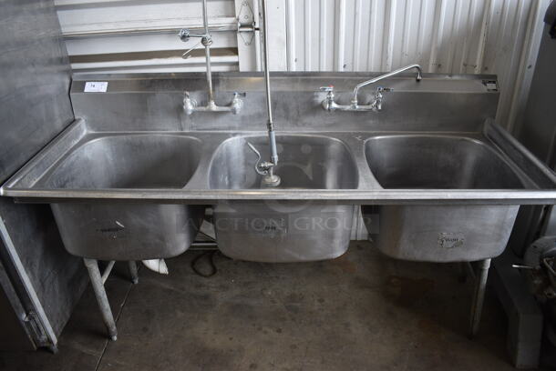 Stainless Steel Commercial 3 Bay Sink w/ Faucet, 2 Handle Sets and Spray Nozzle Attachment. 75x28x42. Bays 22x22x11