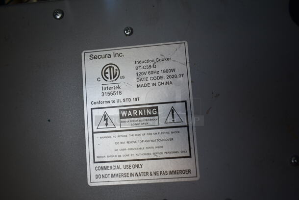 2020 Secura BT-C35-D Stainless Steel Commercial Countertop Electric Powered Single Burner Induction Range. 120 Volts, 1 Phase. - Image 3 of 3