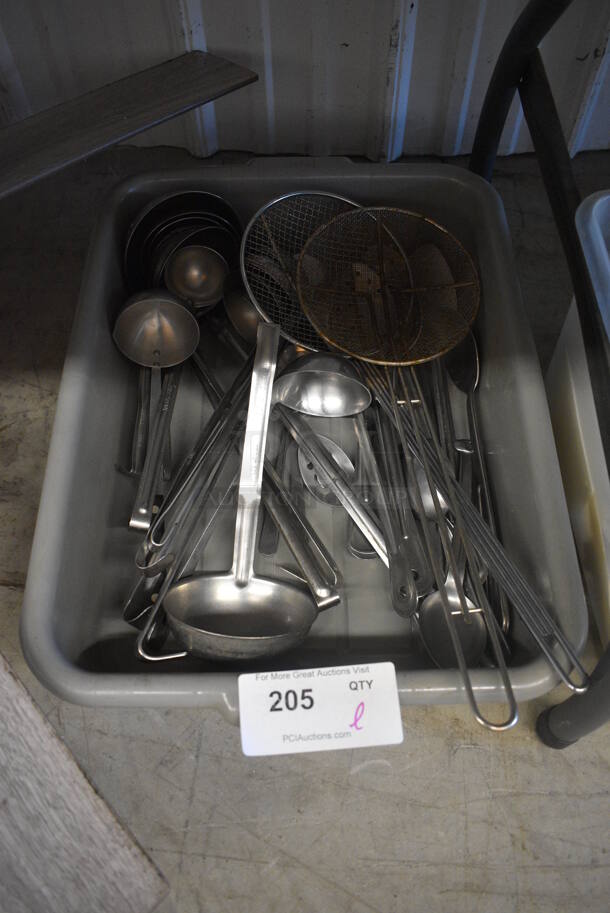 ALL ONE MONEY! Lot of Various Utensils Including Ladles and Skimmers in Gray Poly Bin!
