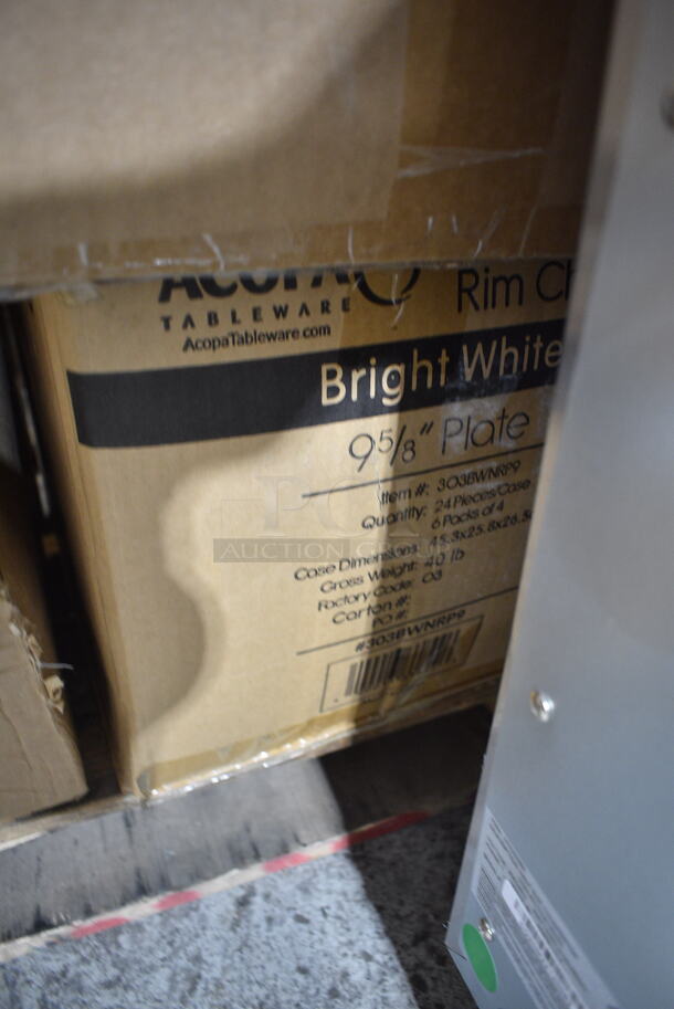 PALLET LOT of 24 BRAND NEW Boxes Including BWK PRTN1TS Boardwalk Portion Cups, 303BWNRP9 Acopa 9 5/8" Bright White Narrow Rim Stoneware Plate - 24/Case, 347RPBD10WHG Visions 10" White Plastic Plate with Gold Bands - 120/Case, 129MCR50B Choice 43 oz. Black Round Microwavable Heavy Weight Container with Lid 9" - 150/Case, 36921003 Carlisle 36921003 Trimline Black Slim Trash Can Dolly, 248WIPERCPDR Noble Products Disposable Center Pull Dry Wipe Refill - 180 Sheets per Roll - 6/Case, 129MCR24W Choice 24 oz. White 7 1/4" Round Microwavable Heavy Weight Container with Lid - 150/Case, 795PTOKFT4 Choice Kraft Microwavable Folded Paper #4 Take-Out Container 7 3/4" x 5 1/2" x 3 1/2" - 160/Case, 18218X5HD Berry AEP 1504454 18" x 5280' Heavy-Duty Miler Film with Serrated Blade, 50012W Choice 12 oz. White Poly Paper Hot Cup - 1000/Case, 16 fl oz PET Ring neck. 24 Times Your Bid! - Image 3 of 12