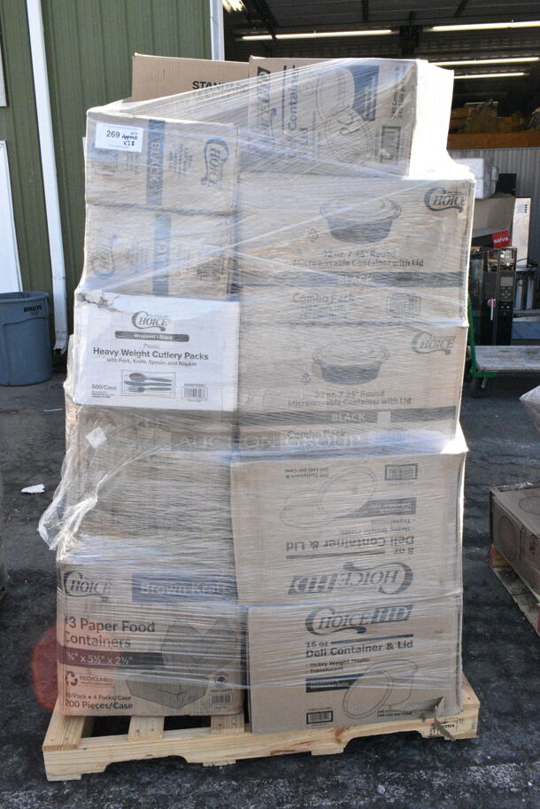 28 BRAND NEW Boxes Including 129MCR32B Choice 32 oz. Black Round Microwavable Heavy Weight Container with Lid 7 1/4" - 150/Case, 130BKFKSNH Choice Black Heavy Weight Wrapped Plastic Cutlery Pack with Napkin - 500/Case, 128HD8COMBO Choice Heavy Duty 8 oz. Microwavable Translucent Plastic Deli Container and Lid Combo Pack - 240/Case, 128HD8COMBO Choice Heavy Duty 8 oz. Microwavable Translucent Plastic Deli Container and Lid Combo Pack - 240/Case, 128HD16COMBO Choice Heavy Duty 16 oz. Microwavable Translucent Plastic Deli Container and Lid Combo Pack - 240/Case, 500CC9 Choice 9 oz. Clear PET Customizable Plastic Squat Cold Cup - 1000/Case, 433NACHOL Carnival King Large Two Compartment Plastic Nacho Tray - 500/Case, 2 Box 394345L Noble NexGen Powder-Free Disposable Black Hybrid 3 Mil Thick Gloves - Large - 1000/Case, 500L8B Choice 8 oz. Tall Black Hot Paper Cup Travel Lid - 1000/Case, 795PTOKFT1 Choice Kraft Microwavable Folded Paper #1 Take-Out Container 4 3/8" x 3 1/2" x 2 1/2" - 450/Case. 28 Times Your Bid!  - Image 1 of 12