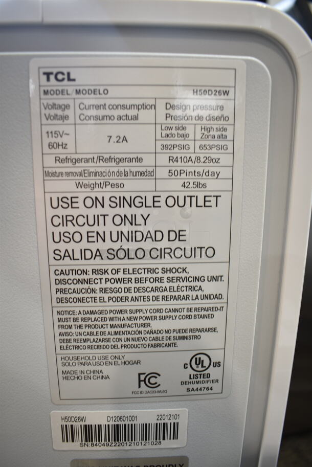BRAND NEW SCRATCH AND DENT! TCL H50D26W 50 Pint Smart Dehumidifier with Pump. 115 Volts, 1 Phase. Tested and Working! - Image 4 of 4