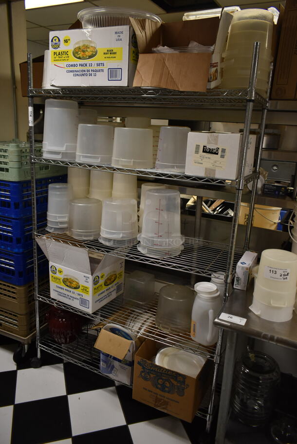 Metro Chrome Finish 5 Tier Wire Shelving Unit w/ Contents Including Poly Bins. BUYER MUST REMOVE: BUYER MUST DISMANTLE. PCI CANNOT DISMANTLE FOR SHIPPING. PLEASE CONSIDER FREIGHT CHARGES. (ice room) - Image 1 of 6