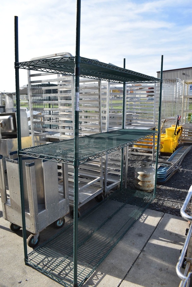 Green Finish 3 Tier Wire Shelving Unit. BUYER MUST DISMANTLE. PCI CANNOT DISMANTLE FOR SHIPPING. PLEASE CONSIDER FREIGHT CHARGES. 72x21x74 - Image 2 of 3