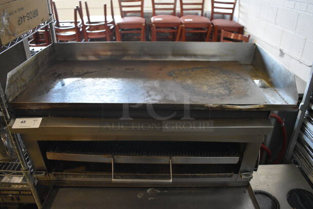 Stainless Steel Commercial Natural Gas Powered Flat Top Griddle w/ Cheese Melter. 42x24x23