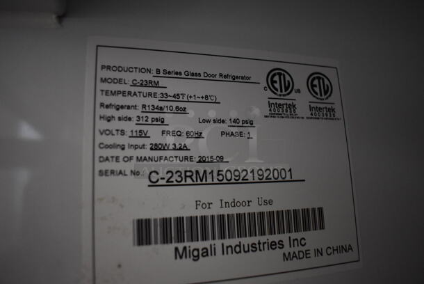 2015 Migali C-23RM Metal Commercial Single Door Reach In Cooler Merchandiser. 115 Volts, 1 Phase. 27x32x81. Tested and Working! - Image 5 of 5