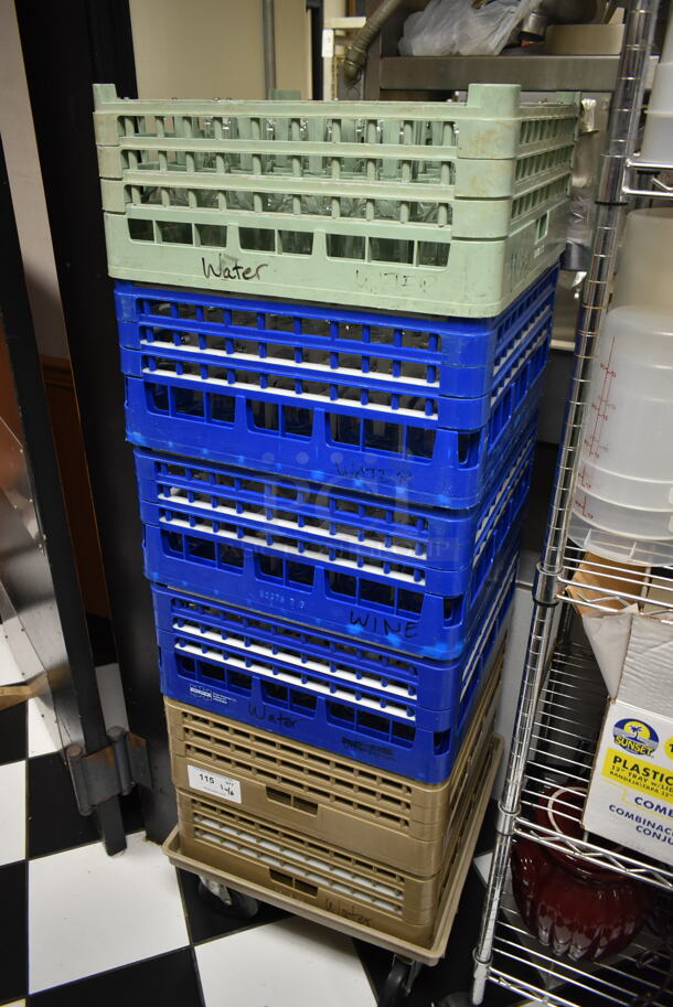 Metal Dolly on Commercial Casters w/ 6 Poly Dish Caddies and Contents. (ice room) - Image 1 of 5