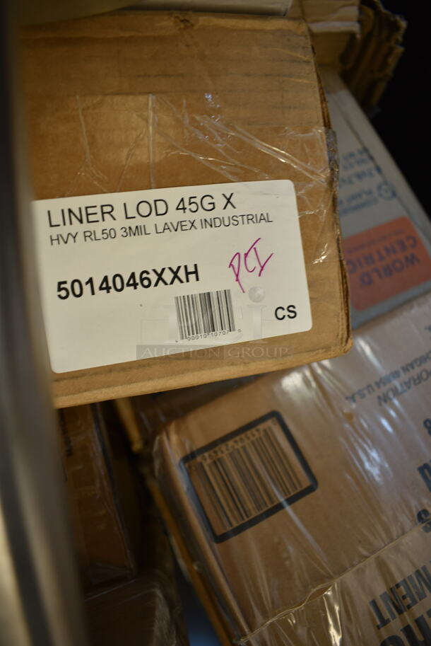 PALLET LOT of 15 BRAND NEW Boxes Including Dart 205HT1 White Foam Take Out Container with Perforated Hinged Lid 9" x 6" x 3" - 200/Case, CT-SC-U3L-LP World Centric 48 oz. PLA Lined Compostable Fiber Box - 400/Case, 394325XL Noble NexGen Powder-Free Disposable Blue Hybrid 3 Mil Thick Gloves - Extra Large - 1000/Case, 5014046XXH Lavex Pro 45 Gallon 3 Mil 40" x 46" Low Density Heavy-Duty Industrial Contractor Black Trash Bag / Can Liner - 50/Case, 394365L Noble Products Powder-Free Disposable Clear Vinyl Gloves for Foodservice - Large - 1000/Case, 245CB12PLN Choice 12" x 12" x 2" Kraft Customizable Corrugated Plain Pizza Box - 50/Case, 2 Box 129MCR50B Choice 43 oz. Black Round Microwavable Heavy Weight Container with Lid 9" - 150/Case. 15 Times Your Bid!  - Image 4 of 11