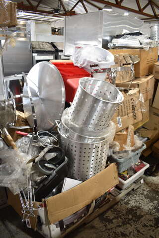 PALLET LOT of 20 BRAND NEW! Items/Boxes Including Metal Steamer Inserts, Winco Red Poly Bins, Round Stock Pot Lid, Commercial Casters, Winware Chafers, Poly Condiment Bottles, Winco Glass Rimmer, Winco G-107 Swirled Shaker, Thermometers. 20 Times Your Bid! 