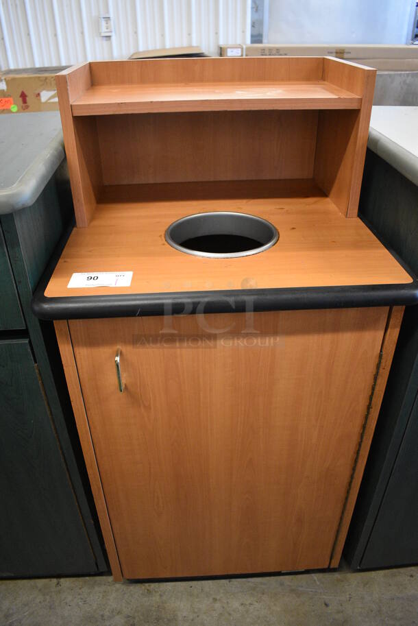 Wood Pattern Trash Can Shell w/ Tray Return, Trash Deposit Flap, Door and Poly Trash Can. 25.5x25.5x49