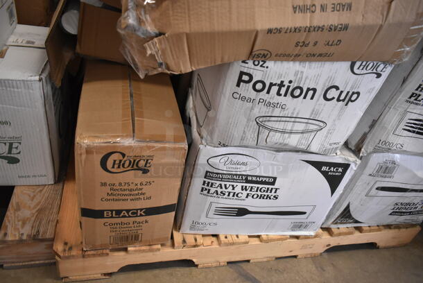 PALLET LOT of 25 BRAND NEW Boxes Including 12224X1HD Choice 24" x 1000' Food Service Heavy-Duty Aluminum Foil Roll, 129MCS38B Choice 38 oz. Black Rectangular Microwavable Heavy Weight Container with Lid 8 3/4" x 6 1/4" x 2" - 150/Case, 3 Box 130HBKCUTFW Visions Individually Wrapped Black Heavy Weight Plastic Fork - 1000/Case, 127P2C Choice Clear Plastic Souffle Cup / Portion Cup - 2 oz. - 2500/Case, 4070029 Choice Full Size 2 1/2" Deep 24 Gauge Anti-Jam Stainless Steel Steam Table / Hotel Pan, 500MFTN Lavex Natural Brown Kraft M-Fold (Multifold) Towel - 4000/Case, 394365L Noble Products Powder-Free Disposable Clear Vinyl Gloves for Foodservice - Large - 1000/Case. 25 Times Your Bid! - Image 3 of 10