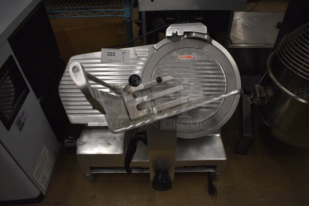 Avantco Stainless Steel Commercial Automatic Meat Slicer w/ Blade Sharpener. 26x21x25. Tested and Powers On But Parts Do Not Move