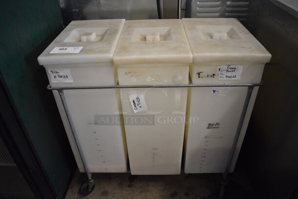 Metal Ingredient Bin Frame on Commercial Casters w/ 3 White Poly Ingredient Bins. 33x16x28.5