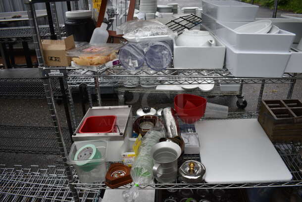 ALL ONE MONEY! Lot of 5 Tiers of Various Smallwares Including White Ceramic Dishes, Glassware, Poly Bins and Food Processor Piece. Does Not Include Shelving Unit - Image 5 of 7