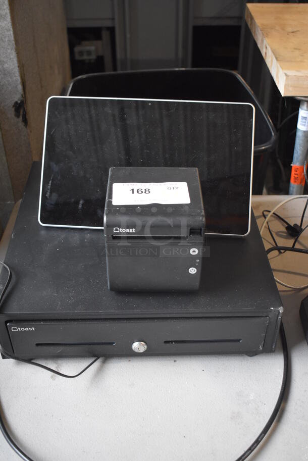 Toast POS Monitor w/ Toast Receipt Printer and Metal Cash Drawer.
