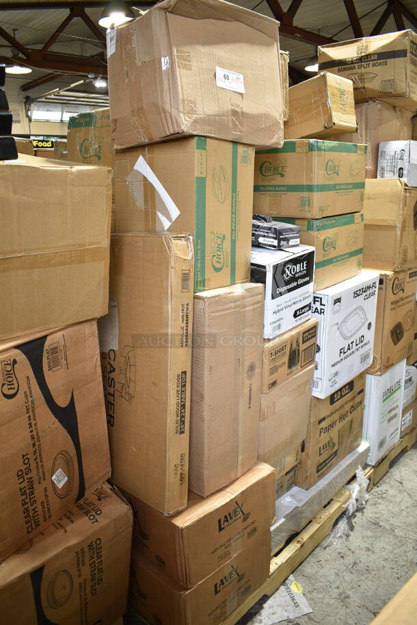 PALLET LOT of 35 BRAND NEW Boxes Including 2 Box 5001RT350N Lavex Natural Kraft Hardwound Paper Towel, 350 Feet / Roll - 12/Case, 3492424ANTWA Lancaster Table & Seating Square Industrial Solid Wood Live Edge Table Top with Antique Walnut Finish, Choice 9" x 6" x 3" Microwaveable 1-Compartment Black / Clear Plastic Hinged Container - 100/Case, C850 Sugar Sub Sitrrer, 395OP12 EcoChoice Compostable Sugarcane / Bagasse 10" x 12 1/2" Oval Platter - 500/Case, 128HD8BULK ChoiceHD 8 oz. Microwavable Translucent Plastic Deli Container - 480/Case, 394345XL Noble NexGen Powder-Free Disposable Black Hybrid 3 Mil Thick Gloves - Extra Large - 1000/Case, 433NHT101H Choice 1/6 Standard Size White "Thank You" Medium-Duty Plastic T-Shirt Bag - 1000/Case, 59448 Georgia Pacific Jumbo Bath Tissue Dispenser, 50010WRAPRIP Lavex 10 oz. Kraft Ripple Individually Wrapped Paper Hot Cup - 500/Case, 2 Box 395TO961PF EcoChoice 9" x 6" x 3" No PFAS Added Natural Bagasse Blend Take-Out Container - 200/Case, Fineline 15234M-FL Super Bowl Plus Clear Flat PET Plastic Lid for 24, 32, and 48 oz. Square Bowls - 300/Case, 351302090155 Cooking Performance Group 351302090155 4 3/4" Plate Caster with Brake for S24, S36, and S60 Series, 351302090156 Cooking Performance Group 351302090156 4 3/4" Plate Caster for S24, S36, and S60 Series, Choice Film and Foil Dispenser Cutter, 190FSL34 7 3/4" Floor Drain Strainer with 3/4" Depth, 600UDT2442 Regency 42" x 21" Stainless Steel Dish Table Undershelf for 4' Dish Tables. 35 Times Your Bid! - Image 2 of 12