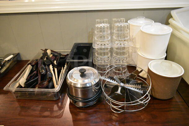 Wood Pattern Dining Height Table w/ Contents Including Utensils, Cups, Poly Cylindrical Drop Ins, Pie Cutters. (main dining room) - Image 2 of 4