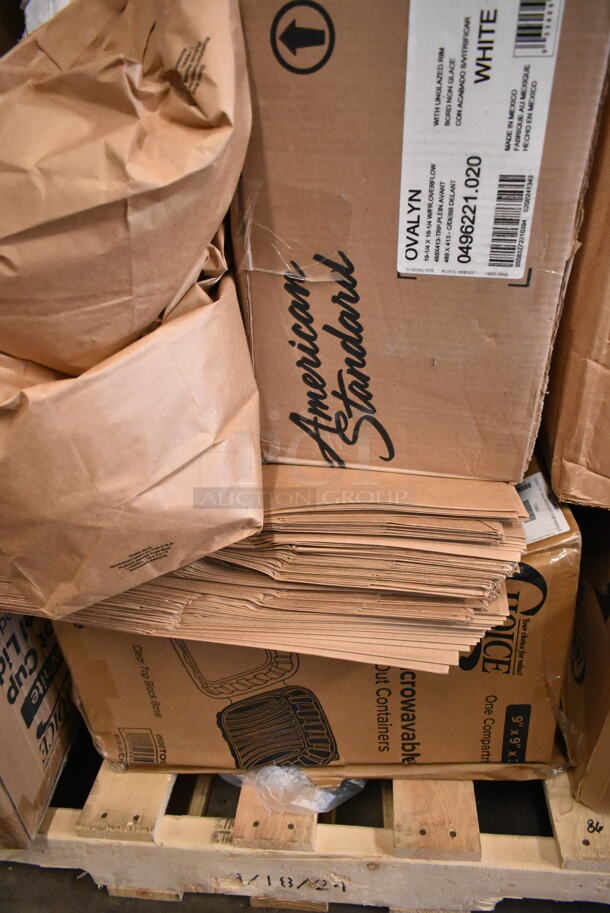 PALLET LOT of 19 BRAND NEW Boxes Including Choice 8 oz. White Paper Frozen Yogurt / Food Cup - 1000/Case, 39465XL Noble X Large Gloves, American Standard Ovalyn 0496221.020 19 1/4" x 16 1/4" White Vitreous China Single Bowl Undermount Sink, 500TO9 Choice 9" x 9" x 3" Microwavable 1-Compartment Black / Clear Plastic Hinged Container - 100/Case, 130WSPOONWP Choice Individually Wrapped Medium Weight White Plastic Teaspoon - 1000/Case, Tellus Plates, Choice Hot Cup Travel Lids. 19 Times Your Bid! - Image 6 of 9