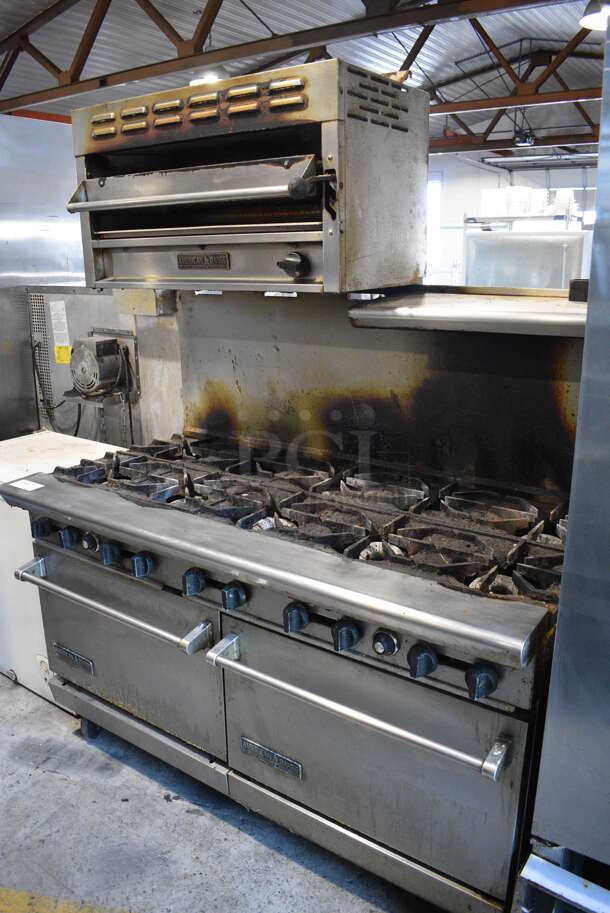American Range Stainless Steel Commercial Gas Powered 10 Burner Range w/ 2 Ovens, Salamander Cheese Melter and Back Splash on Commercial Casters. 60x33x77