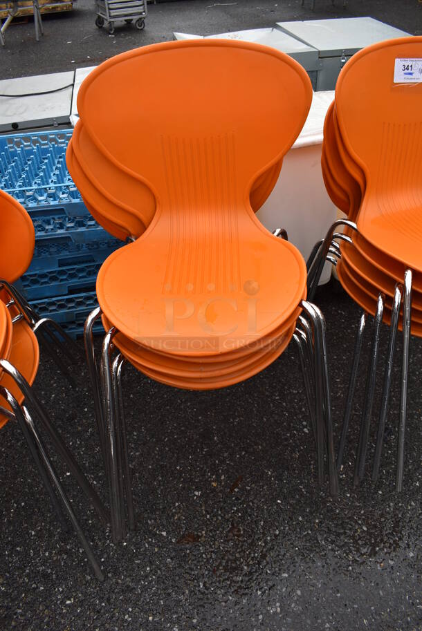 10 Orange Poly Dining Height Chair on Chrome Finish Legs. 21x24x32. 10 Times Your Bid!