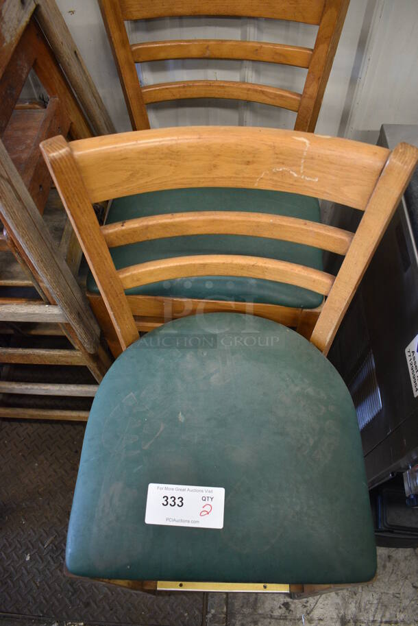 2 Wooden Bar Height Chairs w/ Green Cushion. 17x17x34. 2 Times Your Bid! - Image 3 of 3