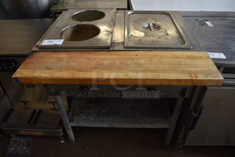 Eagle Stainless Steel Commercial Natural Gas Powered 2 Well Steam Table w/ Butcher Block Cutting Board and Under Shelf. 33x31x35