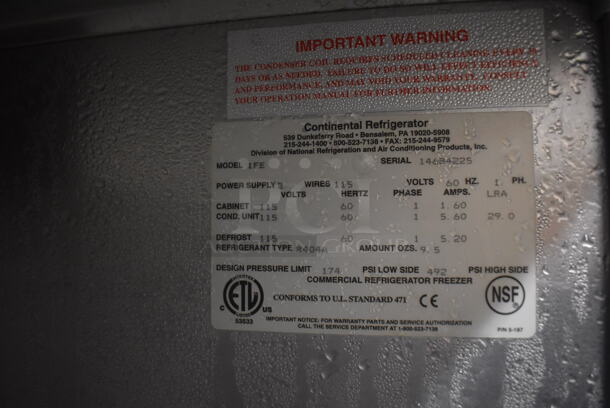 Continental 1FE ENERGY STAR Stainless Steel Commercial Single Door Reach In Freezer on Commercial Casters. 115 Volts, 1 Phase. 28.5x36x77.5. Tested and Working! - Image 5 of 5