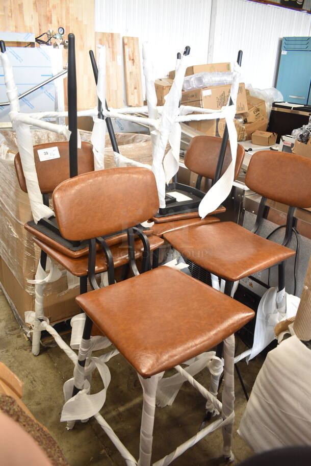 6 BRAND NEW SCRATCH AND DENT! Lancaster Table & Seating 164MCMCGRST Mid-Century Black Barstool with Cognac Vinyl Padded Seat and Backrest. 6 Times Your Bid! - Image 2 of 7