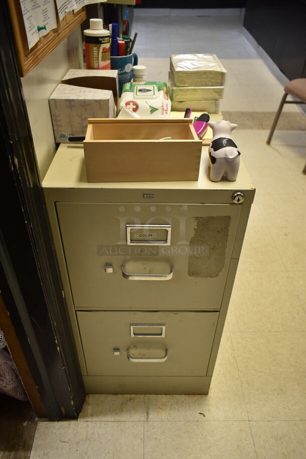 Hon Tan Metal 2 Drawer Filing Cabinet w/ Contents. (dish room) - Image 1 of 5