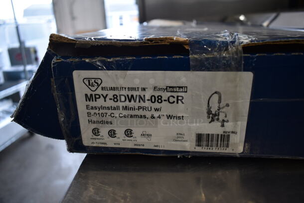 BRAND NEW SCRATCH AND DENT! T&S MPY-8DWN-08-CR EasyInstall Deck Mounted 24 3/4" High Mini Pre-Rinse Faucet with Adjustable 8" Centers, Low Flow Spray Valve, 4" Wrist Action Handles, 24" Hose, 8" Add-On Faucet, and 6" Wall Bracket - Image 6 of 6