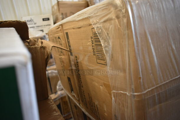 PALLET LOT of 20 BRAND NEW Boxes Including 500TW9 Choice 9 oz. Translucent Thin Wall Plastic Cold Cup - 2500/Case, Tellus Products 9" x 9" No PFAS Added Natural Bagasse Clamshell Container - 200/Case, 394345M Noble Medium Gloves, 394365M Noble Products Powder-Free Disposable Clear Vinyl Gloves for Foodservice - Medium - 1000/Case, 500CC12 Choice Clear PET Customizable Plastic Cold Cup - 12 oz. - 1000/Case, 500CC9 Choice 9 oz. Clear PET Customizable Plastic Squat Cold Cup - 1000/Case, 5008DWALLC Choice 8 oz. Tall Coffee Break Print Smooth Double Wall Paper Hot Cup - 500/Case, 129MCR32B Choice 32 oz. Black Round Microwavable Heavy Weight Container with Lid 7 1/4" - 150/Case, 2 Box 346WSNSM Choice Medium Weight White Wrapped Plastic Spork, Straw, and Napkin Kit - 1000/Case, 74555-0150 Pizza Trays, Choice 32 oz. Clear RPET Hinged Deli Container - 200/Case, 433W8BGC Choice 8 lb. White Paper Bag - 500/Case. 20 Times Your Bid! - Image 2 of 12