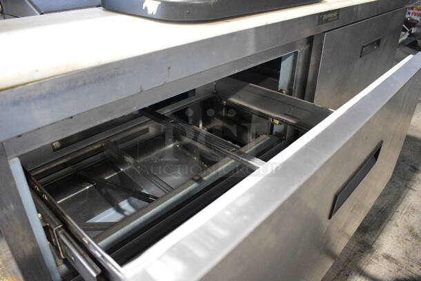 Delfield Stainless Steel Commercial Sandwich Salad Prep Table Bain Marie Mega Top w/ Cutting Board, Over Shelf and 4 Drawers on Commercial Casters. 115 Volts, 1 Phase. 65x33x55. Tested and Powers On But Temps at 49 Degrees - Image 7 of 7