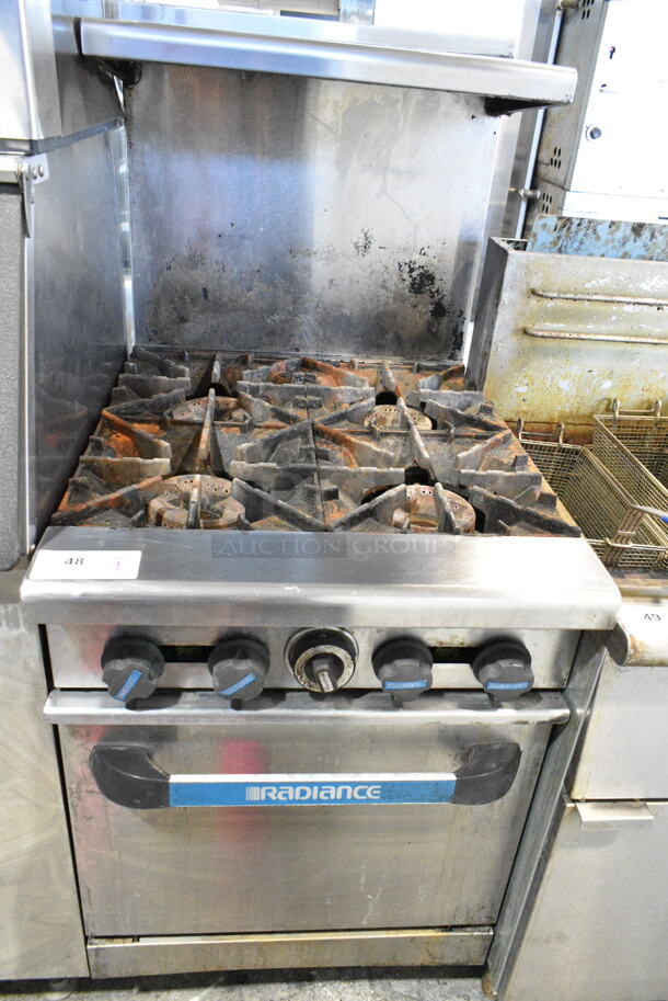 Radiance Stainless Steel Commercial Gas Powered 4 Burner Range w/ Oven, Over Shelf and Back Splash.  - Image 1 of 7