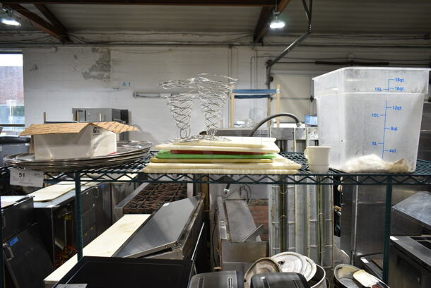 ALL ONE MONEY! Tier Lot of Various Items Including Poly Bin, Pizza Cone Holders, Cutting Boards and Round Trays.  - Image 1 of 8