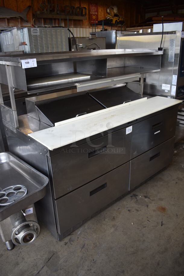 Delfield Stainless Steel Commercial Sandwich Salad Prep Table Bain Marie Mega Top w/ 4 Drawers and Over Shelf on Commercial Casters. 64x33x56. Tested and Powers On But Temps at 59 Degrees