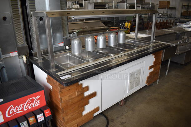 Stainless Steel Commercial 5 Well Steam Table w/ 5 Head Warming Lamp on Commercial Casters. 208 Volts, 1 Phase. 84.5x40x57.5