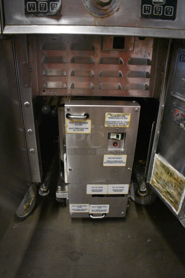 Keating Model 14TFMRI Stainless Steel Commercial Floor Style Natural Gas Powered 3 Bay Instant Recovery Deep Fat Fryer w/ Filtration System and 6 Metal Fry Baskets on Commercial Casters. 46x31.5x55 - Image 7 of 12