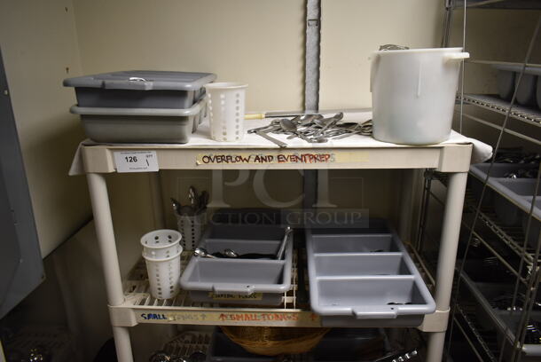Tan Poly 4 Tier Shelving Unit w/ Contents Including Utensils. BUYER MUST REMOVE: BUYER MUST DISMANTLE. PCI CANNOT DISMANTLE FOR SHIPPING. PLEASE CONSIDER FREIGHT CHARGES. (dish room) - Image 2 of 7