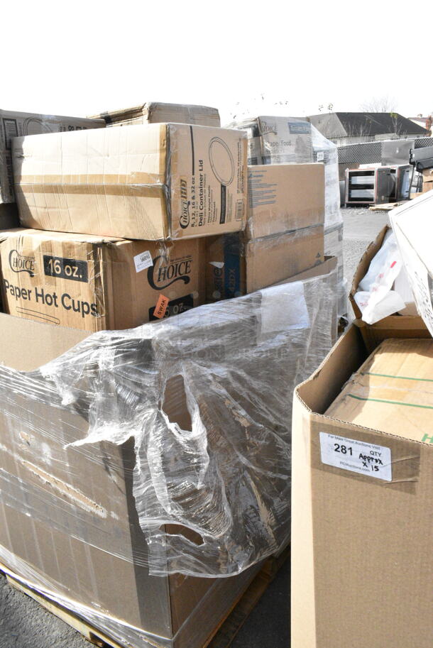 14 BRAND NEW Boxes Including Choice 16 oz Paper Hot Cups, 128HD8COMBO Choice Heavy Duty Plastic Deli Container, Choice Clear Dome Lids, 176RBD6WH Choice 6 Gallon White Round Beverage Dispenser. 14 Times Your Bid!  - Image 4 of 5