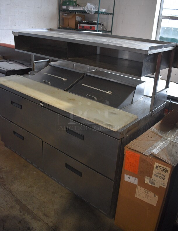 Delfield Stainless Steel Commercial Prep Table w/ 4 Drawers and Over Shelf on Commercial Casters. 115 Volts, 1 Phase. 64x38x55. Tested and Working!