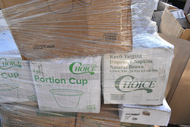 26 BRAND NEW Boxes Including 2 Box 795PLAKFT4 EcoChoice 7 7/8" x 5 1/2" x 3 1/2" Kraft PLA Lined Compostable #4 Take-Out Container - 160/Case, 127P400C 4 oz. Clear Plastic Souffle Cup / Portion Cup, 500CC32P Choice Clear PET Plastic Cold Cup - 32 oz. - 500/Case, 500CC32PHD Choice Heavy Duty 32 oz. Pedestal Heavy Weight Clear PET Plastic Cold Cup - 500/Case, 2 Box 760SOUP8KPA Choice 8 oz. Kraft Poly-Coated Paper Food Cup with Vented Paper Lid - 250/Case, 130WBKFORKH Choice Black Heavy Weight Wrapped Plastic Fork - 1000/Case, 127P400C Choice 4 oz. Clear Plastic Souffle Cup / Portion Cup - 2500/Case, 966TALLFLDN Choice Kraft Natural Tall-Fold 6" x 13" Dispenser Napkin - 8000/Case, 760SOUP3KPA Choice 32 oz. Kraft Poly-Coated Paper Food Cup with Vented Paper Lid, 433NHT101 Choice 1/6 Standard Size White "Thank You" Standard-Duty Plastic T-Shirt Bag - 700/Case, 130BKFKSX500 Choice Black Extra Heavy Weight Wrapped Plastic Cutlery Pack - 500/Case, 130WBKFORKH Choice Black Heavy Weight Wrapped Plastic Fork - 1000/Case, 128HD8COMBO Choice Heavy Duty 8 oz. Microwavable Translucent Plastic Deli Container and Lid Combo Pack, 130WHSPOONWX Choice White Extra Heavy Weight Wrapped Plastic Teaspoon - 1000/Case. 26 Times Your Bid!  - Image 10 of 12