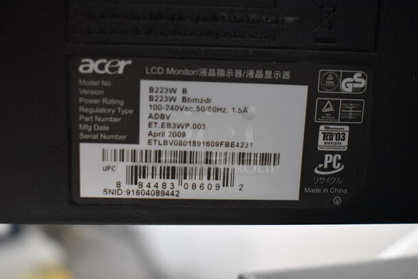 3 Acer B223W B 22" Computer Monitors. 100-240 Volts, 1 Phase. 3 Times Your Bid! - Image 6 of 8