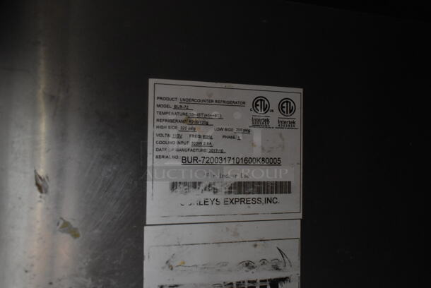 2017 Bison BUR-72 Stainless Steel Commercial 3 Door Undercounter Cooler. 115 Volts, 1 Phase. Tested and Working! - Image 5 of 5