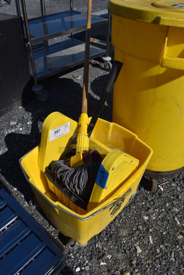 Yellow Poly Mop Bucket w/ Wringing Attachment and Mop. 16x20x15