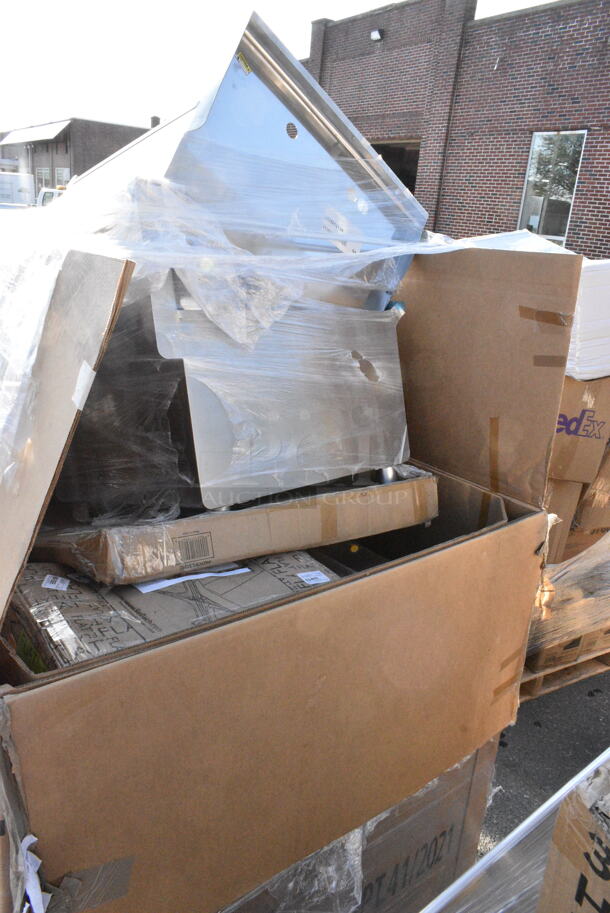 12 BRAND NEW Boxes Including 427CSTL3131C Lancaster Table & Seating 31 1/2" x 31 1/2" Chrome Square Outdoor Standard Height Table, 522MS2124 Steelton 21" x 24" x 8" 18-Gauge 430 Stainless Steel Standing Mop Sink, Flat Auto Adjust Leg Pieces. 12 Times Your Bid!  - Image 1 of 10