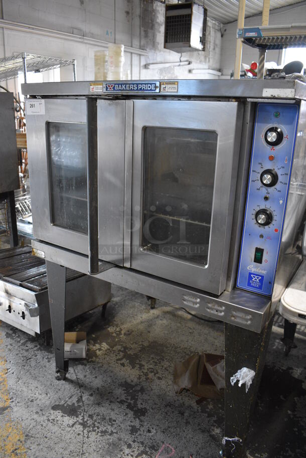 Bakers Pride GDCO11E Stainless Steel Commercial Electric Powered Full Size Convection Oven w/ View Through Doors, Metal Oven Racks and Thermostatic Controls on Metal Legs. 240 Volts, 1/3 Phase. 38x38x56 - Image 1 of 8