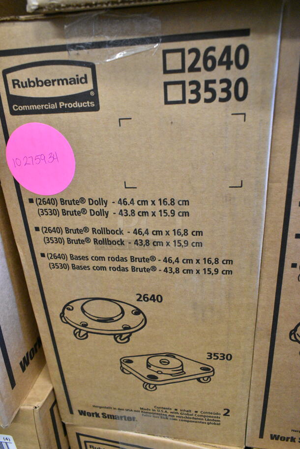 4 BRAND NEW SCRATCH AND DENT! Boxes of Rubbermaid FG264000BLA BRUTE Trash Can Dolly and Rubbermaid FG353000BLA BRUTE Black Square Trash Can Dolly. 4 Times Your Bid!  - Image 3 of 5